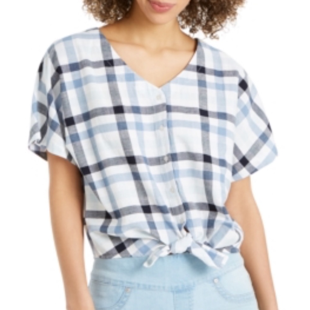 Style & Co Plaid Tie Front Top